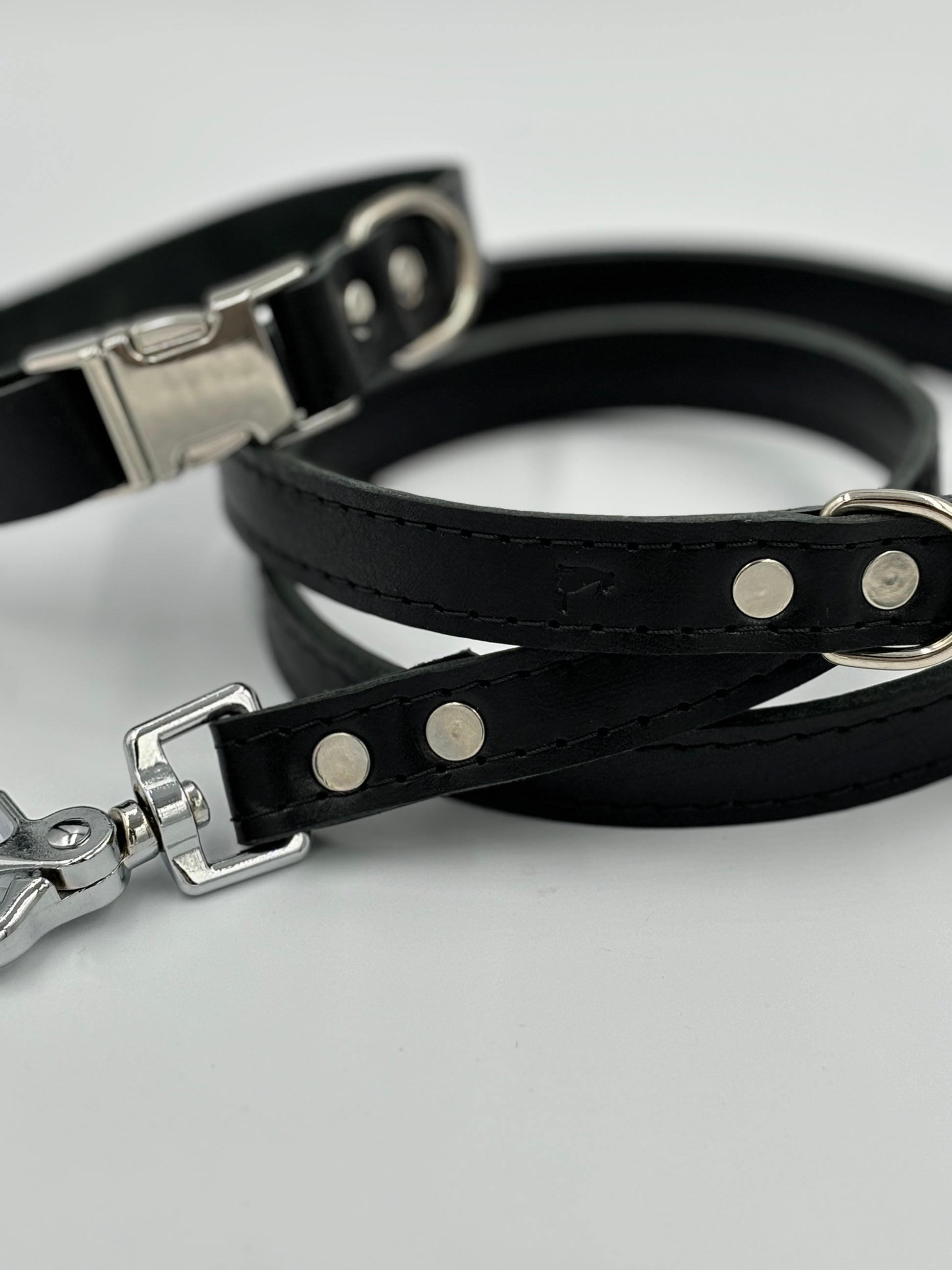 Black leather dog leash and matching collar with silver hardware, showcasing sophisticated elegance and perfect harmony in design.