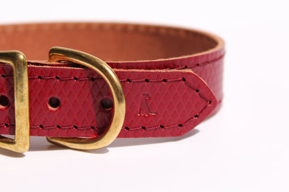 Close-up of luxury red leather dog collar with golden brass hardware, showcasing exquisite craftsmanship and sophisticated elegance.